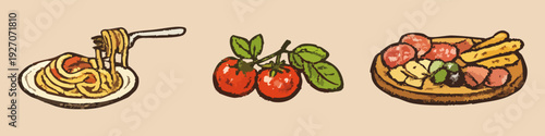 Hand-drawn vintage style illustration of Italian cuisine including spaghetti, vine tomatoes, and a charcuterie platter on a beige background.