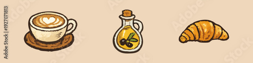 Vintage hand-drawn illustrations of a latte with heart art, olive oil bottle, and a fresh croissant. Culinary icons on a neutral background.