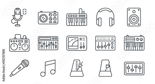 Music Production Icons: Microphone, Keyboard, Headphones, Speaker, Mixer, Metronome