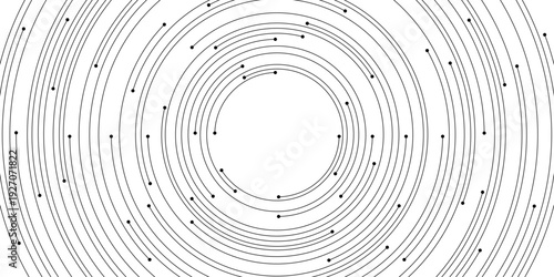 Abstract concentric circles with dotted lines vector background. Modern digital technology pattern in black and white.