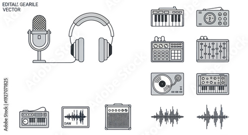 Music Production Gear Icons: Microphone, Headphones, Synthesizer, Mixer, Turntable