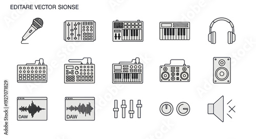 Music Production Icons: Microphone, Synthesizer, Headphones, DAW, Speaker