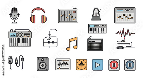 Music Production Icons: Microphone, Headphones, Mixer, Keyboard, Amp, Metronome