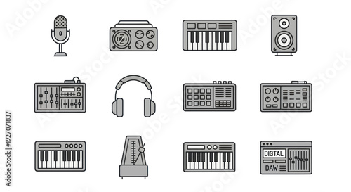 Music Production Icons: Microphone, Keyboard, Mixer, Headphones, Speaker