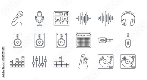 Music Production Icons: Microphones, Speakers, Turntables, Mixer, Headphones