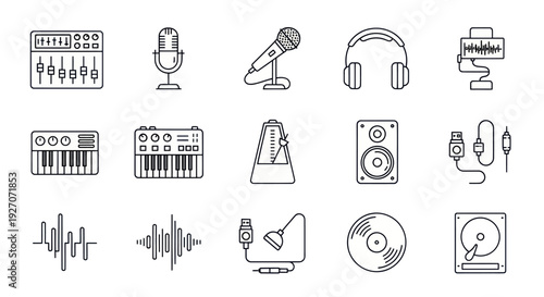 Music Production Icons: Mixing Board, Microphones, Keyboard, Headphones, Vinyl