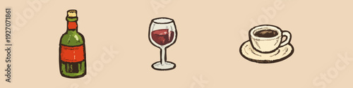 Hand-drawn vintage style icons of a wine bottle, a glass of red wine, and a cup of coffee. Rustic vector set on beige background.