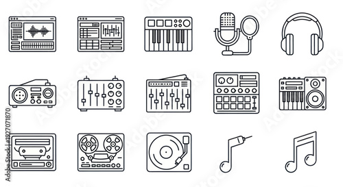 Music Production Icons Set: Studio Gear, Instruments, Audio Equipment