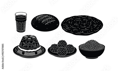 Black and white illustration of traditional indian sweets and a glass of drink