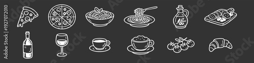 Chalk style hand drawn Italian food icons set including pizza, pasta, wine, coffee, and oil on a dark background for restaurant menu design.