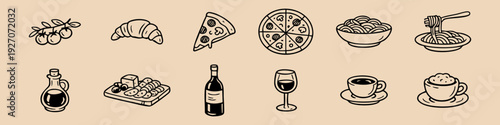 Set of hand-drawn Italian food icons featuring pizza, pasta, wine, and coffee. Minimalist black line art doodles on a beige background.