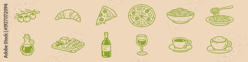 Set of green hand-drawn Italian food and drink icons featuring pizza, pasta, wine, and coffee on a beige background. Ideal for restaurant menus.