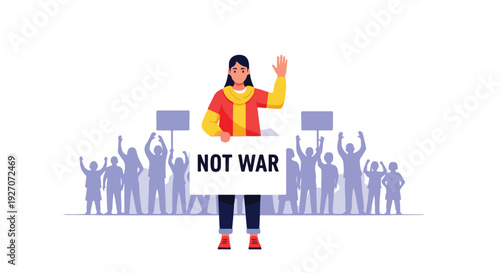 Illustration of a woman holding a Not War sign with a crowd of people in the background on a white background.