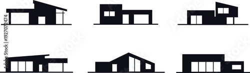 Modern house architecture set, Contemporary home building silhouettes pack, Residential property exterior design collection