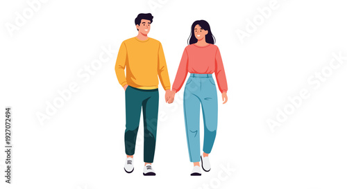 Illustration of a man and woman walking hand in hand in casual attire against a white background with a minimalist style and pastel color palette.