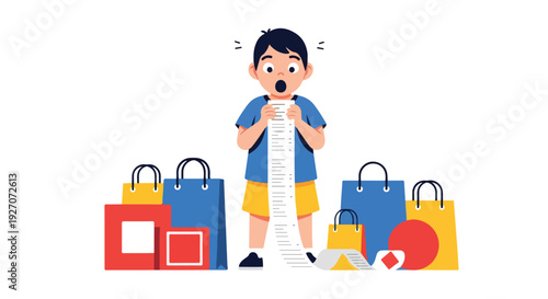 Cartoon boy standing shocked among colorful shopping bags and a long receipt on a plain white background.