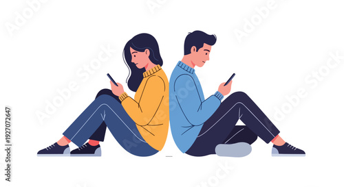 Illustration of a young woman and man sitting back to back using smartphones on a plain white background with a casual and relaxed mood.
