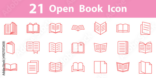 21 set of line book icon. Open book flat icon vector collection for learning library and reading apps. Simple line vector illustration.