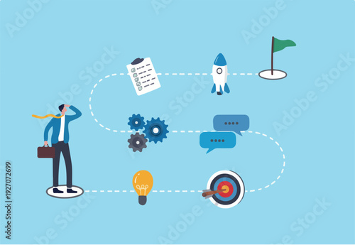 Winning plan to success, strategy step to reach success, career journey, project management or idea development, challenge, flowchart to succeed concept, businessman walk on winning plan journey