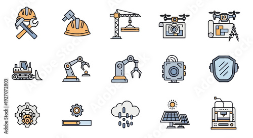 Industry and Technology Icons: Construction, Robotics, Drone, 3D Printing