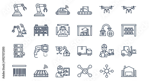 Industry 4.0 Icons: Automation, Robotics, Logistics, Drones, AI, Smart Factory