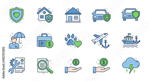 Insurance Icons: Protection for Home, Car, Travel, Health, Pets, and More