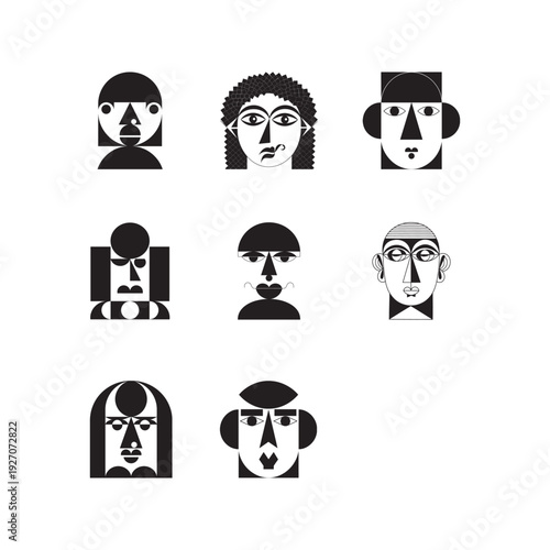 Abstract geometric portraits of various faces in minimalist style
