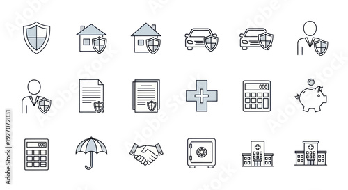 Insurance Icons: Protection for Home, Car, Health, Life, and Finance