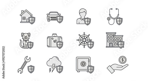 Insurance Icons Set: Home, Car, Health, Pet, Travel, Business, Safety