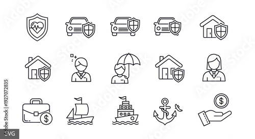 Insurance Icons Set: Health, Car, Home, Travel, Business, Money Protection