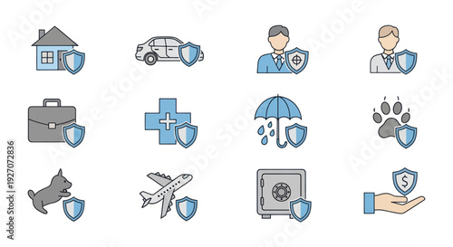 Insurance Icons Set: Protection for Home, Car, Health, Business, Travel, Pets, and More