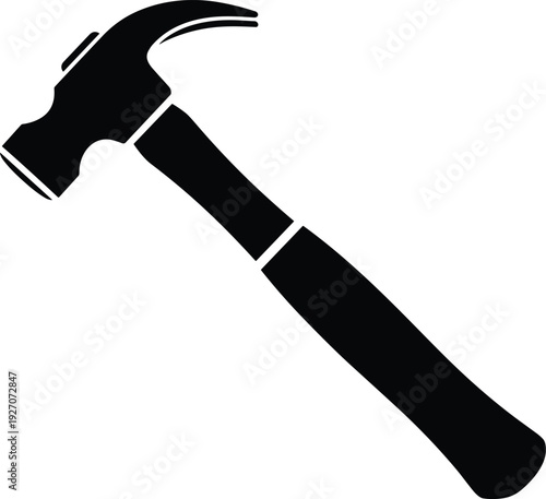 Black hammer silhouette icon isolated on white background, carpentry construction hand tool symbol for repair, building, woodworking and DIY 