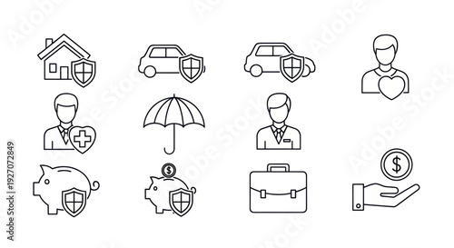 Insurance Icons Set: Protection, Security, and Financial Planning Symbols