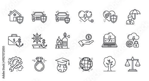 Insurance Icons Set: Home, Car, Health, Life, Professional, Business, Travel, Fire, Finance, Tech, Security