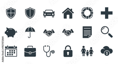 Insurance Icons Set: Shield, Car, House, Piggy Bank, Umbrella, Stethoscope, Lock