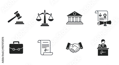 Justice and Law Icons: Gavel, Scales, Courthouse, Diploma, Briefcase, Contract, Handshake, Judge