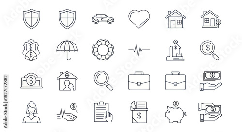 Insurance Icons Set: Security, Health, Home, Car, Finance & Protection