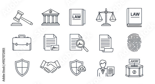 Justice Icons Set: Gavel, Scales, Law Book, Fingerprint, Shield, Court