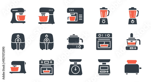 Kitchen Appliance Icons: Mixer, Coffee Maker, Blender, Air Fryer, Scale, Toaster