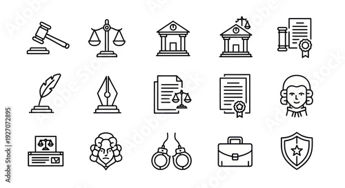 Justice Icons: Gavel, Scales, Court Building, Law Document, Judge, Handcuffs
