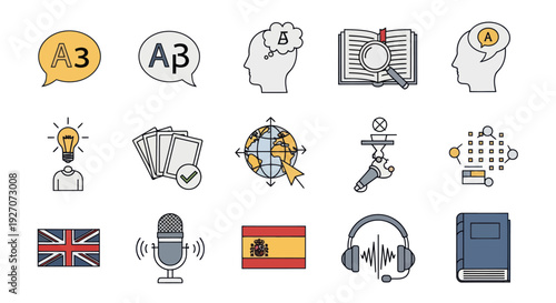 Language Learning Icons: Translation, Education, Communication, Global Knowledge