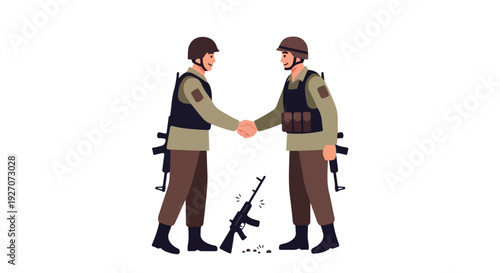 Two soldiers in military gear shaking hands with rifles and a solid white background