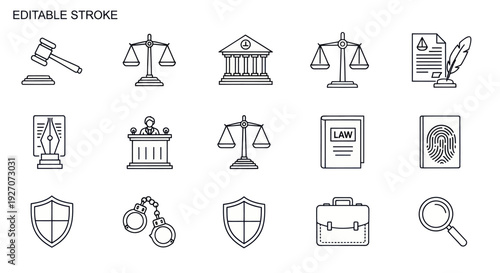 Law and Justice Icons: Gavel, Scales, Courthouse, Document, Fingerprint, Handcuffs