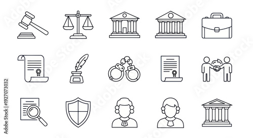 Law and Justice Icons: Gavel, Scales, Courthouse, Briefcase, Document, Handcuffs