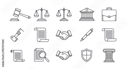 Law Icons Set: Justice, Contract, Business, Court, Legal Symbols