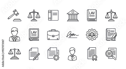 Law Icons Set: Gavel, Scales of Justice, Books, Courthouse, Briefcase, Signature
