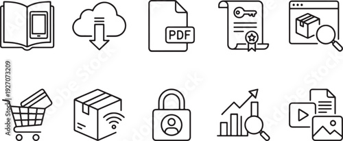 Digital business icons set vector illustration, flat design graphics for e-commerce and content management