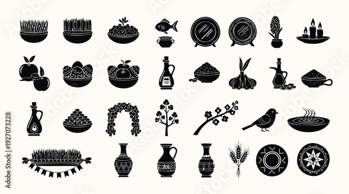 Black silhouettes of food and drink items on a light beige background for graphic design elements  various kitchen and dining icons