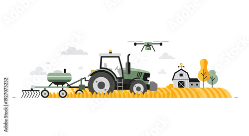 Precision Agriculture Concept: Tractor and Farming Drone Working in a Field. Smart Farming Technology and Modern Rural Landscape Illustration.