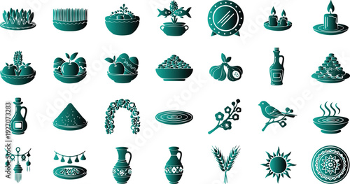 Collection of various food and drink icons with plants and home decor items on white background